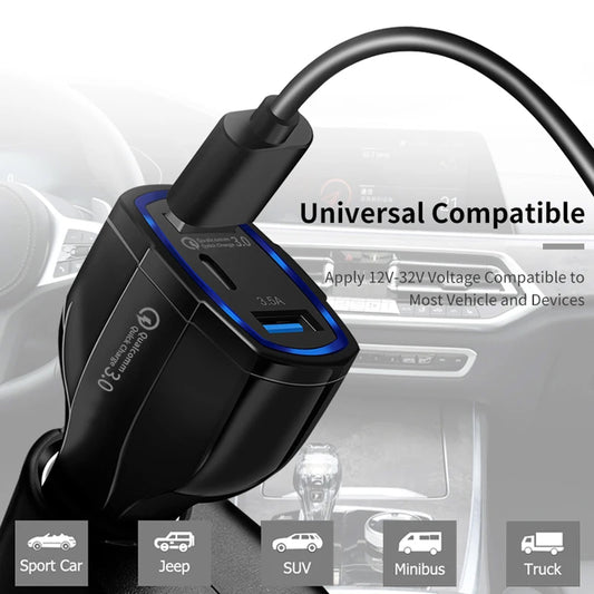 3-Port USB Fast Car Charger Adapter Type C Port compatible with Android