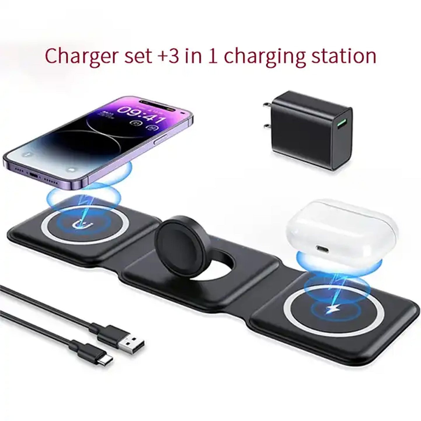 3in1 Wireless Magnetic Foldable Mat Charger For iOS & Android Devices
